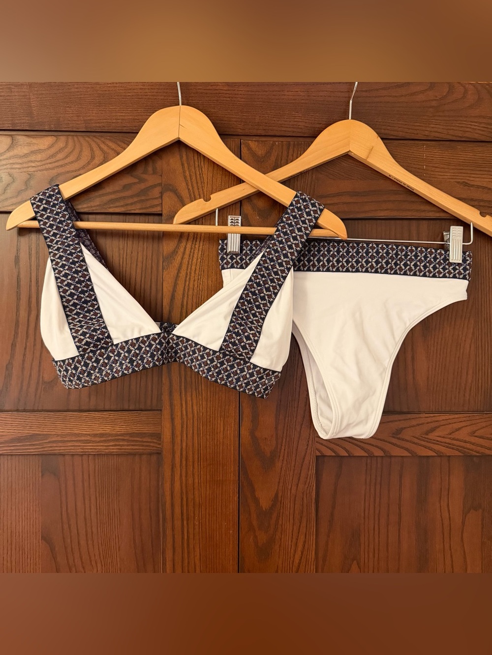 Elysiian Swim Bali Bikini Set White with Navy Geometric Trim Size Medium